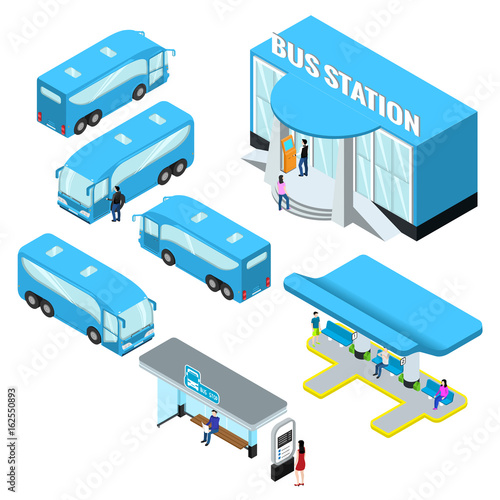 Bus station isometrics and buses, a platform for boarding a bus, a city bus stop
