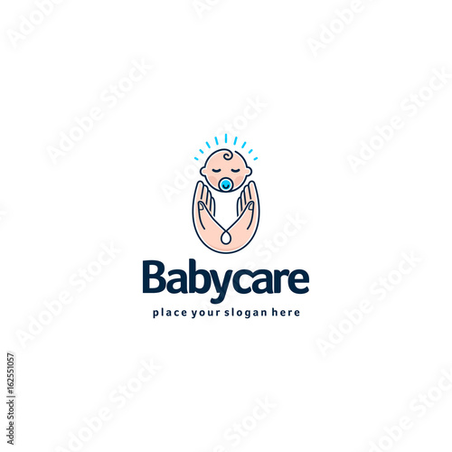 Baby logo. Sleeping baby in mother hands. Care and safety logotype.