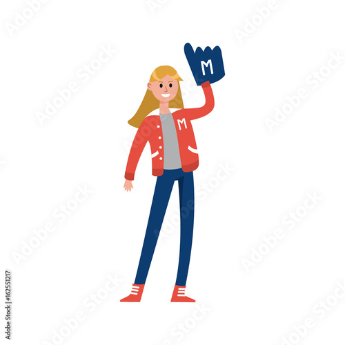 Sport fun girl standing and rising hand with foam finger glove cartoon character, supporter of american football vector Illustration