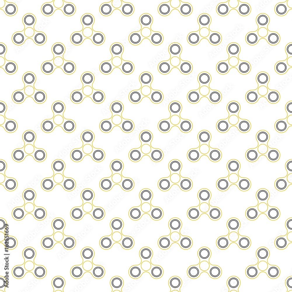 Background from yellow contours children fidget spinners on white background. Playing backdrop of hand twisting toys with bearings in a row next to each other and alternately under him 