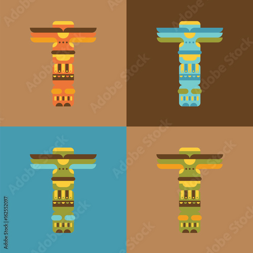 Set of native traditional totem pole vector illustrations. Flat design