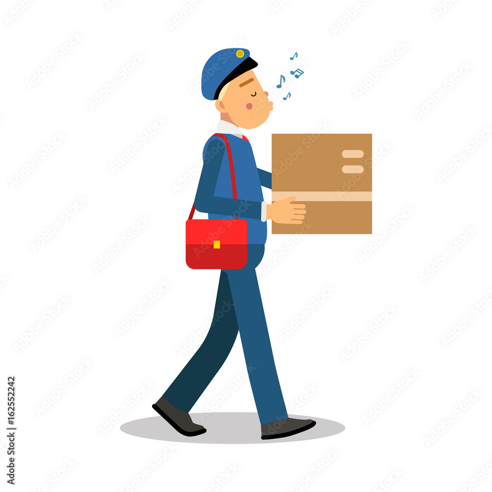 Postman in blue uniform delivering cardboard box and whistling melody cartoon character, express delivery mail vector Illustration