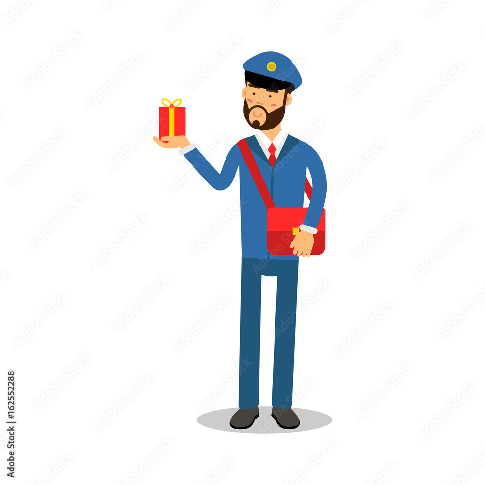 Postman in blue uniform with red bag delivering gift box cartoon character, express delivery mail vector Illustration