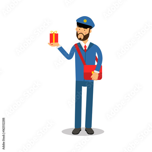 Postman in blue uniform with red bag delivering gift box cartoon character, express delivery mail vector Illustration