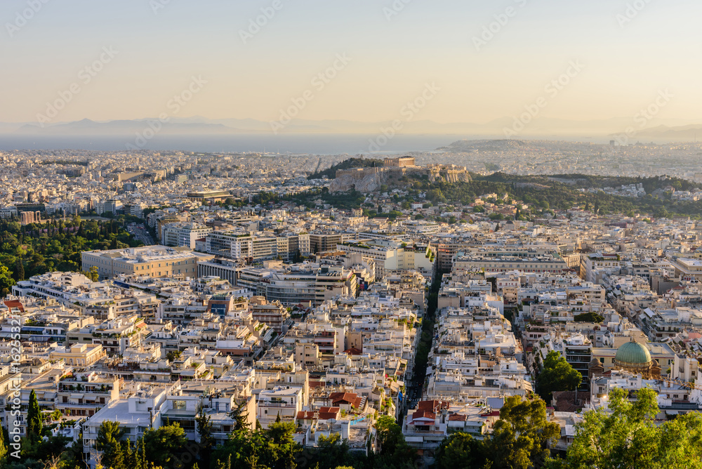 Aerial view of Athens from Lycabettus hill in the soft evening light, Athens, Greece