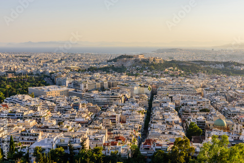 Aerial view of Athens from Lycabettus hill in the soft evening light, Athens, Greece