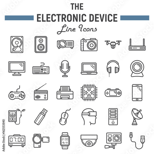 Electronic device line icon set, technology symbols collection, vector sketches, logo illustrations, linear pictograms package isolated on white background, eps 10.