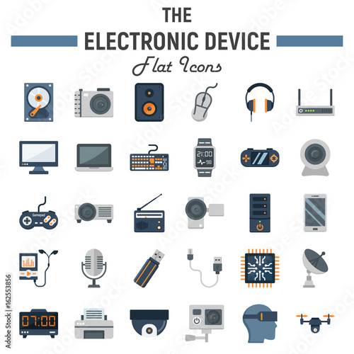 Electronic device flat icon set, technology symbols collection, vector sketches, logo illustrations, colorful solid pictograms package isolated on white background, eps 10.
