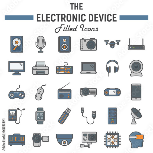 Electronic device colorful line icon set, technology symbols collection, vector sketches, logo illustrations, filled pictograms package isolated on white background, eps 10.
