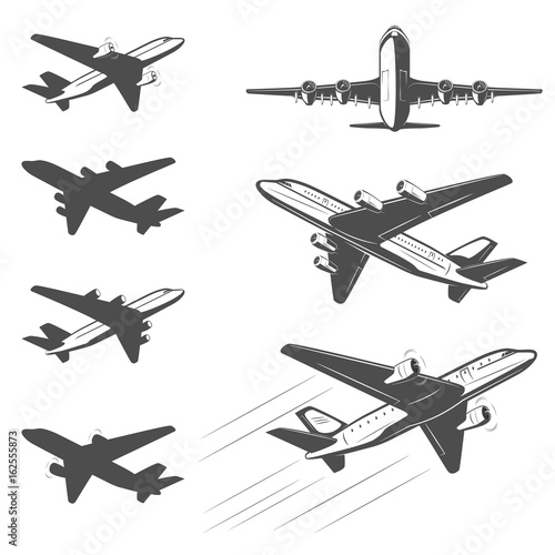 
The silhouette of a passenger airplane in a flight. From different angles. For advertising and design.