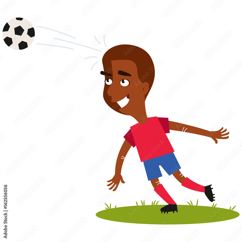 Smiling cartoon soccer player wearing red shirt and blue shorts heading