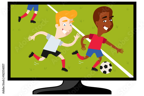 Vector illustration of TV set showing cartoon football match with two players chasing after ball isolated on white background