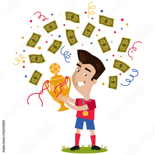 Confetti and banknotes showering winning cartoon footballer celebrating victory holding football trophy isolated on white background