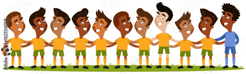 Cartoon illustration of south american men's football team lineup standing on football field isolated on white background