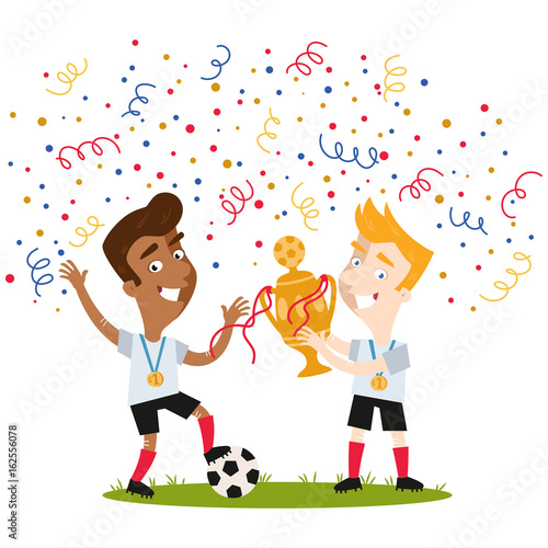 Confetti and streamers showering victorious football players in white shirts celebrating and holding trophy isolated on white background