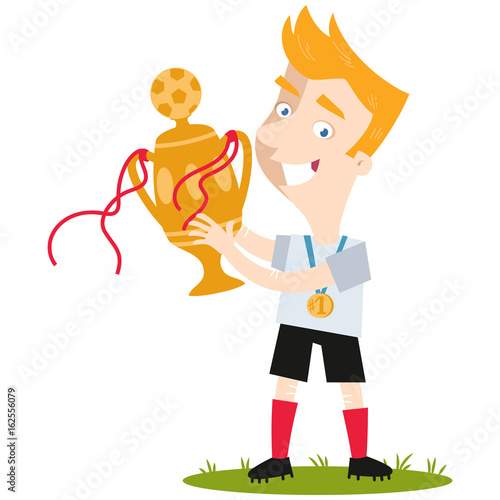 Smiling blond cartoon football player in white shirt celebrating victory holding trophy isolated on white background