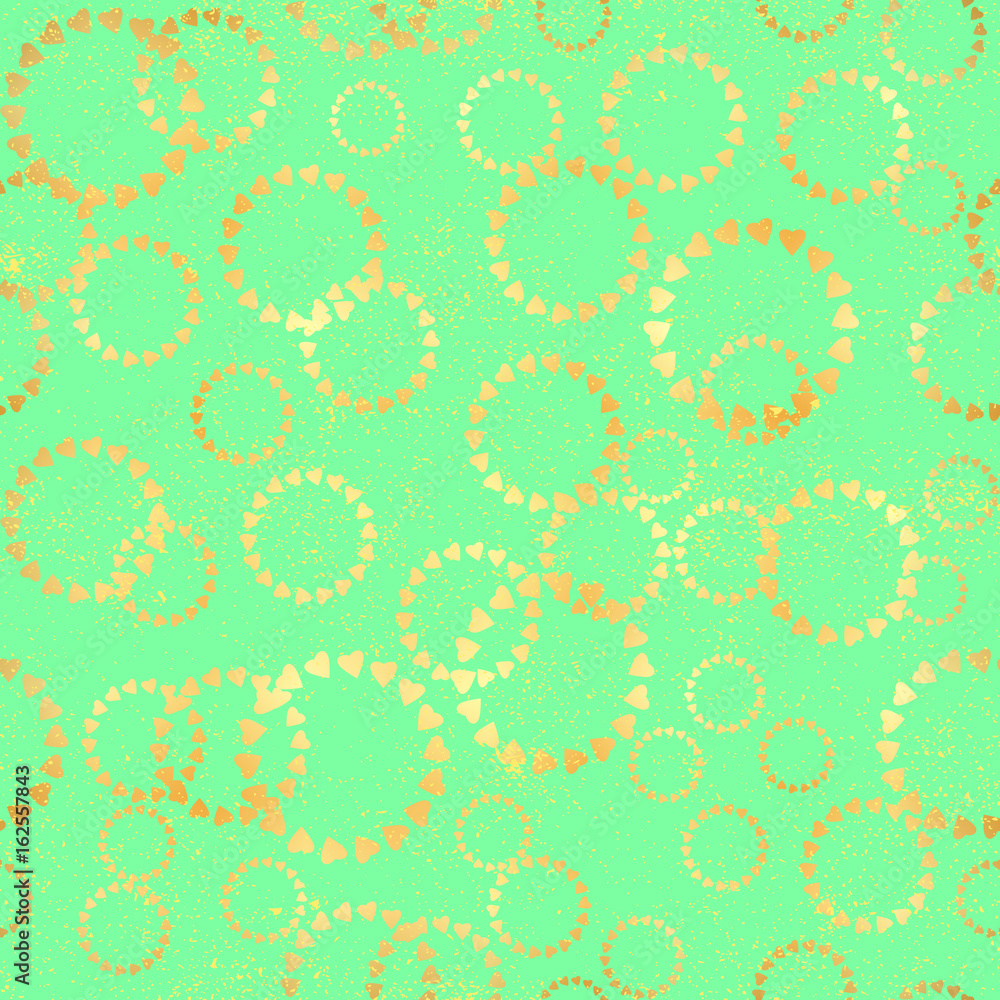Seamless pattern with gold heart round swirls. vector illustration