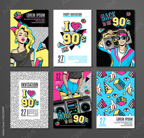Set of cards and banners in 80s-90s memphis style.