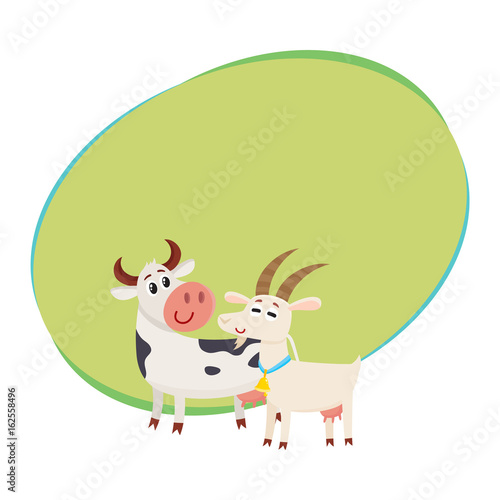 Farm black spotted cow looking at white smiling goat, cartoon vector illustration with space for text. Cute and funny farm goat and cow with friendly faces and big eyes
