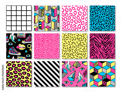 Set of seamless patterns in 80s-90s memphis style.