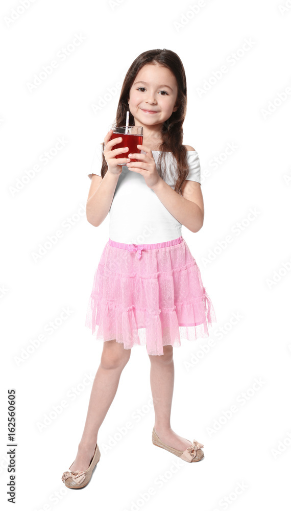 Cute little girl with glass of juice on white background Cute little girl with glass of juice on white background