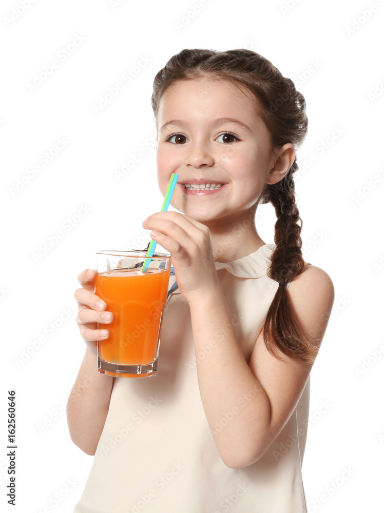 Cute little girl with glass of juice on white background Cute little girl with glass of juice on white background