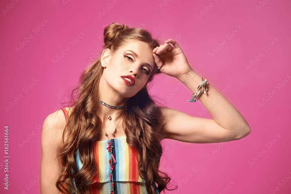 Beautiful stylish woman on color background Beautiful stylish woman on color background