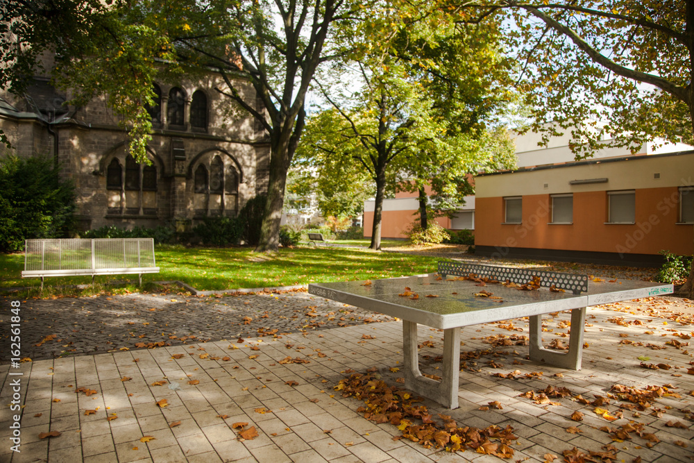 Modern steel bench in the park