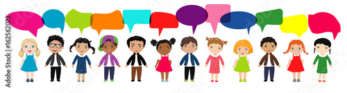 Cute kids with speech bubbles, Set of diverse Kids and Different nationalities with speech bubbles isolated on white background.