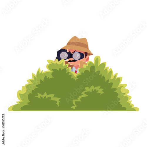 Funny detective character looking through binoculars from bush, spying, cartoon vector illustration isolated on white background. Full length portrait of funny detective character at surveillance work