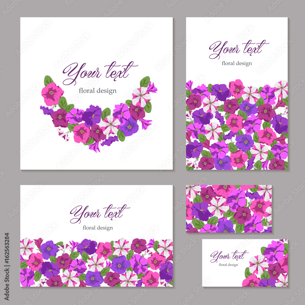 Floral template birthday, Valentines day. Pink, purple and striped petunias on white background. Boutique concept, flower shop, beauty salon, spa, fashion for flayer, banner, business card, booklet