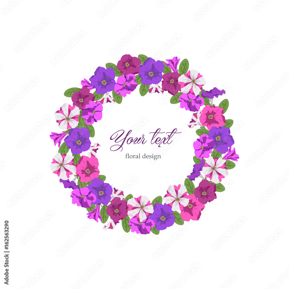 Floral template birthday, Valentines day. Round garland pink, purple and striped petunias on white background. Boutique concept, flower shop, beauty salon, spa, fashion