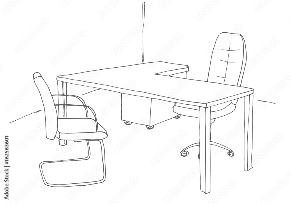 Hand drawn office desk, office chair. Vector illustration. Hand drawn office desk, office chair. Vector illustration.