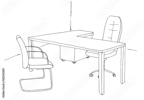 Hand drawn office desk, office chair. Vector illustration.