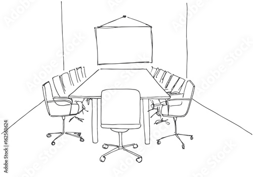 Conference room in a sketch style. Hand drawn office desk, office chair. Vector illustration.
