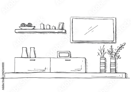 Hand drawn sketch. Linear sketch of the interior. Bookcase, dresser with TV and shelves. Vector illustration