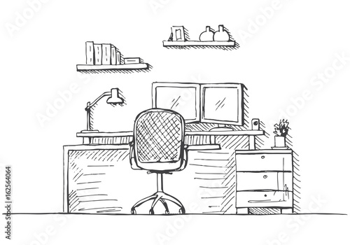 Sketch the room. Office chair, desk, various objects on the table. Sketch workspace.  Vector illustration
