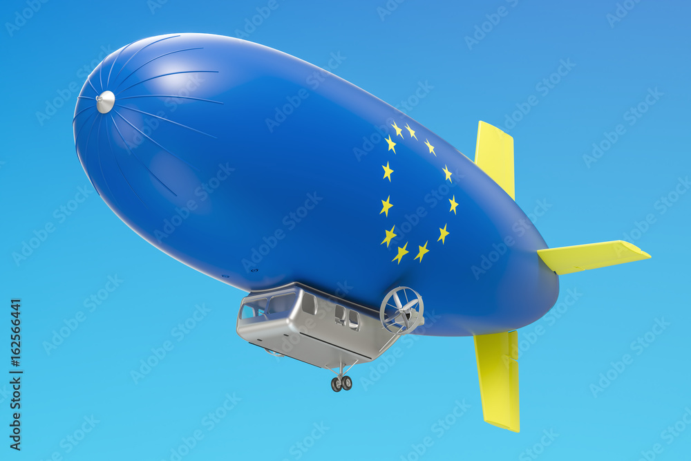 Fototapeta premium Airship or dirigible balloon with EU flag, 3D rendering