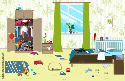 Messy room where young family with little baby lives. Untidy room. Cartoon mess in the room. Uncollected toys, things. Cleaning vector illustration.