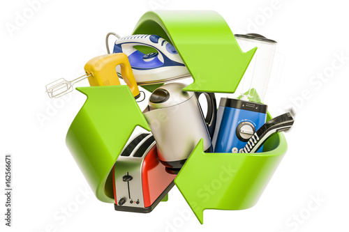 Obraz na plátně Household appliances with green symbol recycle, 3D rendering