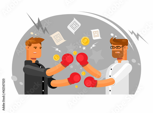 Vector illustration featuring two businessmen having a fight, Business fight club. Boxing and glove, businesspeople and violence, boxer strength.