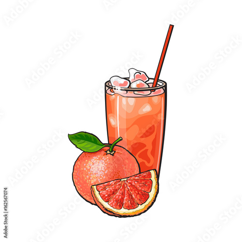 Grapefruit, whole and piece, glass of fresh juice with ice and straw, sketch style vector illustration on white background. Hand drawn glass of grapefruit juice with ice, whole grapefruit and piece