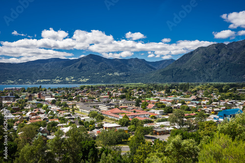 View of city of Pucon on sunny day photo