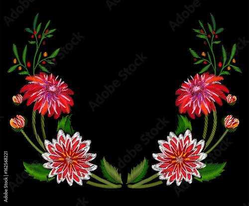 Embroidery dahlias and summer or autumn flowers. Symmetrical design for clothes decoration.