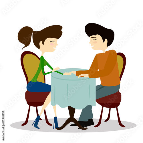 Illustration of a Man and Woman Asking Each Other Questions at a Speed Dating Event
