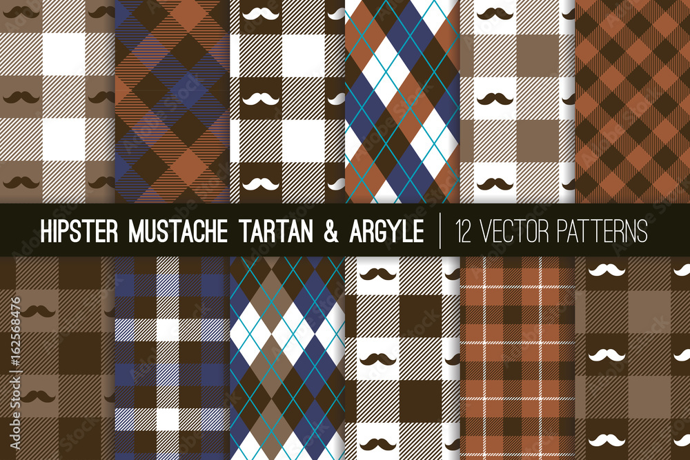 Hipster Mustache Tartan Plaid and Argyle Seamless Vector Patterns in ...
