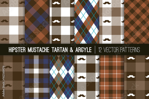 Hipster Mustache Tartan Plaid and Argyle Seamless Vector Patterns in Shades of Brown, Taupe and Navy Blue. Barbershop Style. Humorous Father's Day Backgrounds. Pattern Tile Swatches Included.