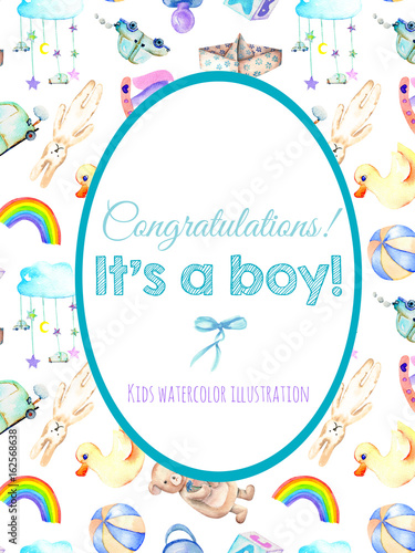 Card template, frame border on baby boy shower watercolor elements background (toys, cars, rainbow, nipple, paper boat and other)