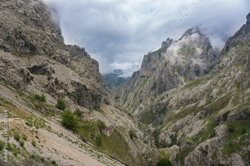 Beautiful landscape of the mountains in Picos de Europa in Spain; hiking trail in foggy and cloudy summer day