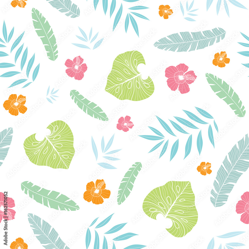 Vector fun tropical summer hawaiian seamless pattern with tropical plants, leaves, and hibiscus flowers on white background. Great for vacation themed fabric, wallpaper, packaging. Vector fun tropical summer hawaiian seamless pattern with tropical plants, leaves, and hibiscus flowers on white background. Great for vacation themed fabric, wallpaper, packaging.